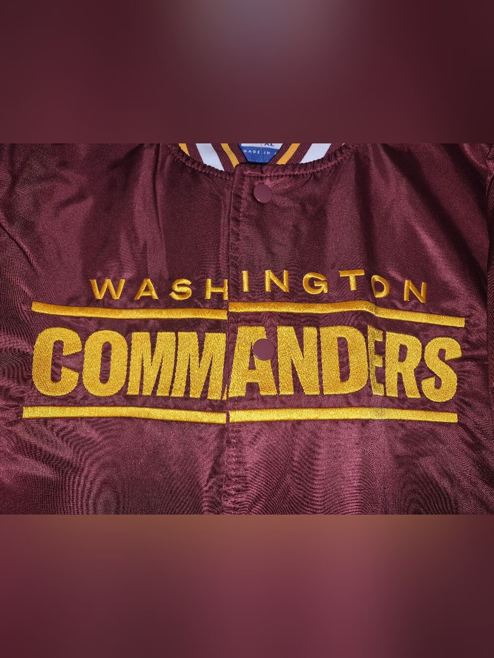 Official NFL Commanders Burgundy and Gold Satin Varsity Jacket